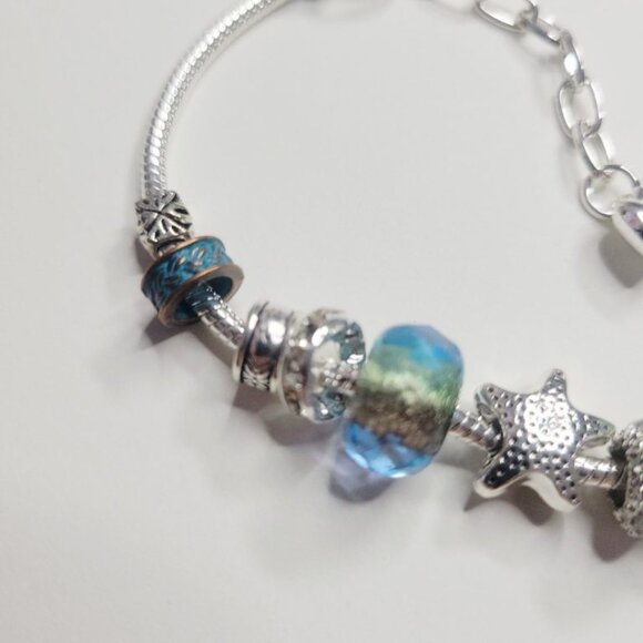NWT Pandora Style Charm Bracelet Silver Blue Turtle Stars Copper Beads Glass XL - Picture 5 of 8